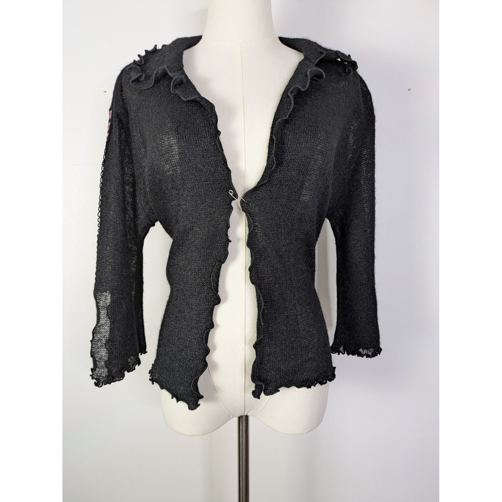 Vtg Wool Blend Open Cardigan Knit Sheer Ruffle Ribbon Sleeve Boho Indie Fairy